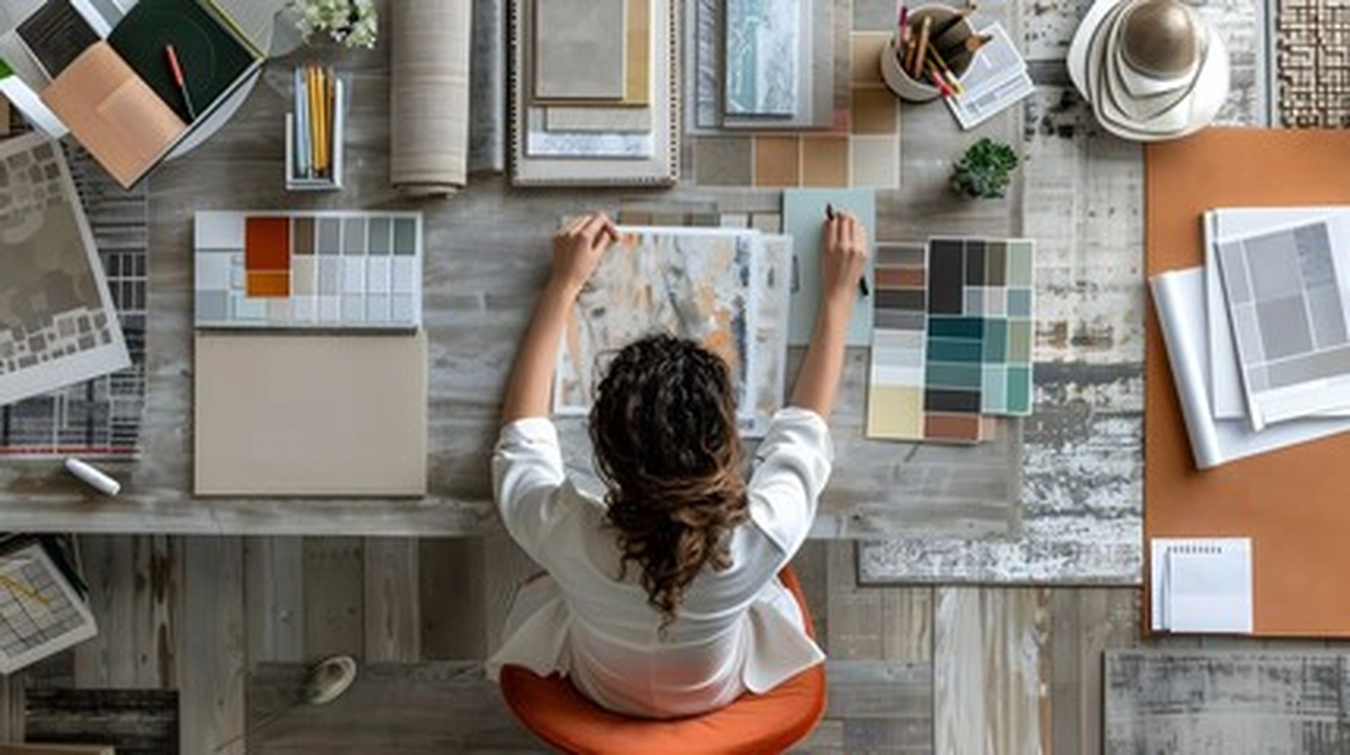 Naama - Raumaustatter, Möbel, Gardinen - Eine Innenarchitektin arbeitet an einem Schreibtisch voller Farbmuster, Stoffproben und Designskizzen.